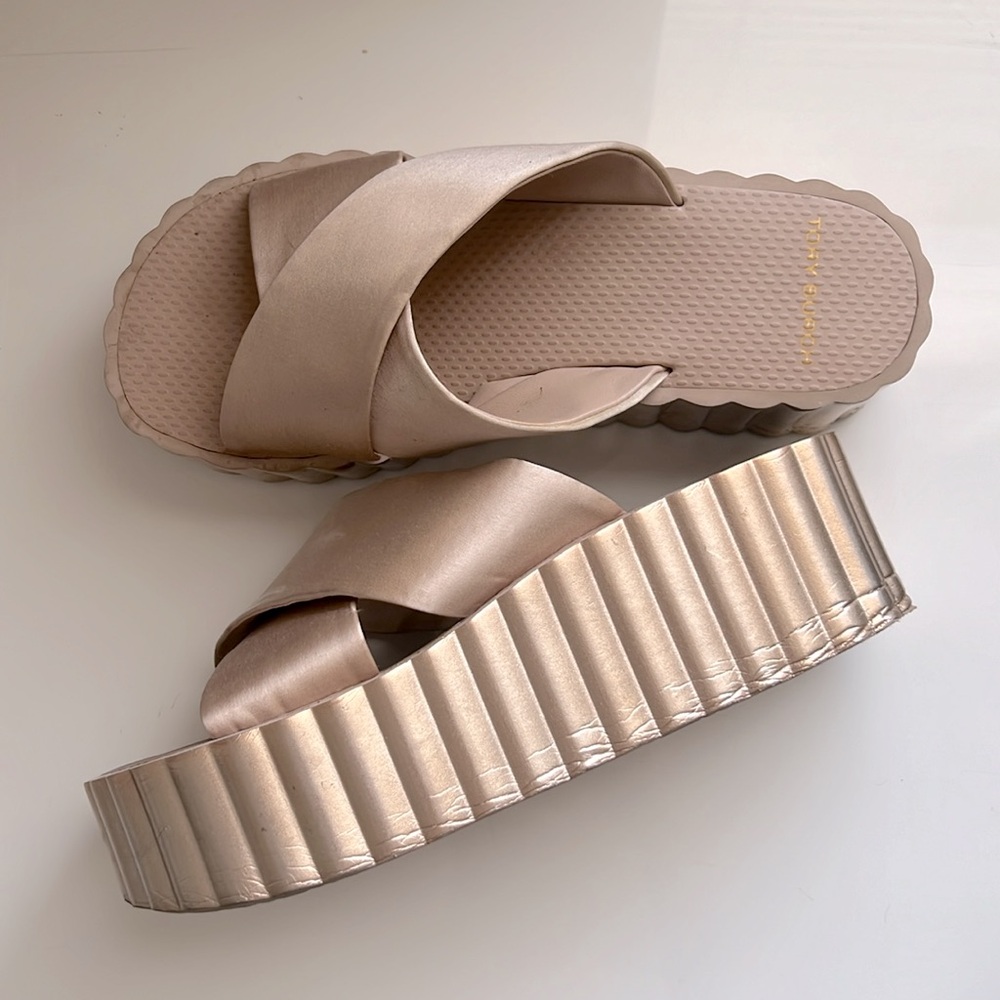 Tory Burch silk rose gold platform slides, SIZE 8